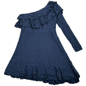 WAYF One Shoulder Mini Dress Size Large Navy Micro Polka Dot Long Sleeve Ruffle